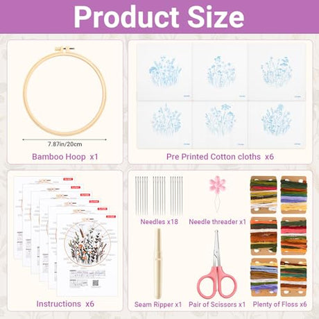 6 Pack Embroidery Kit for Beginners and Adults, Flower Cross Stitch Kits Needlepoint Kits, Hand Embroidery Kit Includes 6 Floral Embroidery Patterns, 1 Embroidery Hoop, Instructions and Other Tools Hokoad
