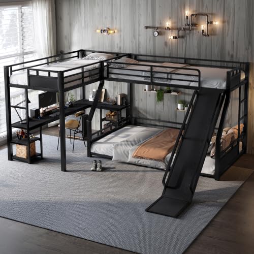 Metal Triple Bunk Beds with Slide, Desk and Storage Shelves, L-Shaped Twin XL Over Queen Bunk Bed with 2 Ladders and Guardrails for Kids Teens, Noise-Free Design (Black, Twin XL/Queen) CITYLIGHT