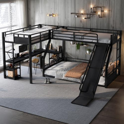 Metal Triple Bunk Beds with Slide, Desk and Storage Shelves, L-Shaped Twin XL Over Queen Bunk Bed with 2 Ladders and Guardrails for Kids Teens, Noise-Free Design (Black, Twin XL/Queen)