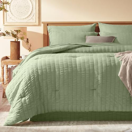 Laojin Balhen Full Comforter Set 8 Pieces, Seersucker Bed in a Bag Full, Sage Green Comforter with Sheets, Comforters Full Size Bedding Sets with Comforter, Sheets, Pillowcase & Sham and Bed Skirt Laojin Balhen