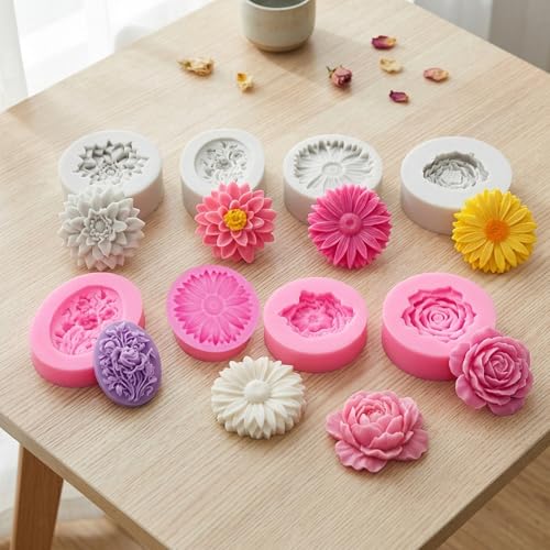8 Pcs Candle Molds, Flower Mold for DIY Projects, Create White and Pink Chrysanthemum, Lilac, Peony, and Rose Candles, Handcrafted Home Decor and Gift Making Supplies
