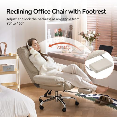 EMIAH Office Chair with Foot Rest Criss Cross Chair with Wheels and Flip-up Arms Reclining Desk Chair Comfy Wide Seat PU Leather Rolling Computer Home Office Chair (Beige) EMIAH