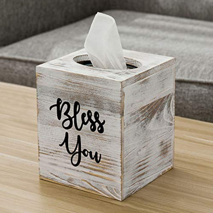 MyGift White Washed Solid Wood Square Tissue Box Cover Holder Decorative Tissue Dispenser Bath Decor with Bless You Design and Easy Refill Slide Out Bottom