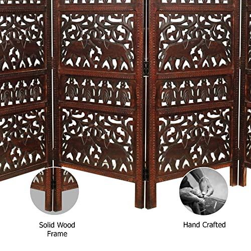 Room Divider Wood Screen - Elephant Hathi Walnut Brown - 4 Panel Fording 72x80 - Intricate Carved Room Décor Boho Portable Partition Privacy Screen Small Spaces Reversible Freestanding - COTTON CRAFT COTTON CRAFT