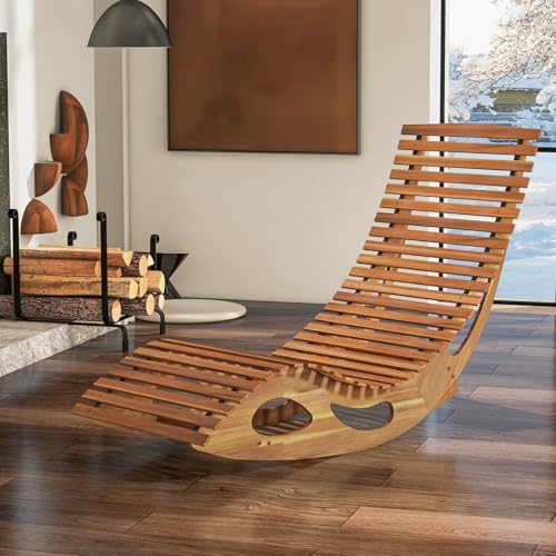 HAPPYGRILL Outdoor Acacia Wood Chaise Lounge, Rocking Chair with High Back, Slatted Seat, Stopper, Outside Wood Rocker, 350 Lbs Capacity Sun Lounger