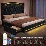 YITAHOME King Size Bed Frame with 4 Storage Drawers and RGB LED Lights, 57'' Tall Headboard Velvet Upholstered Bed with Charging Station, No Box Spring Needed, Easy Assembly, Noise-Free, Black YITAHOME