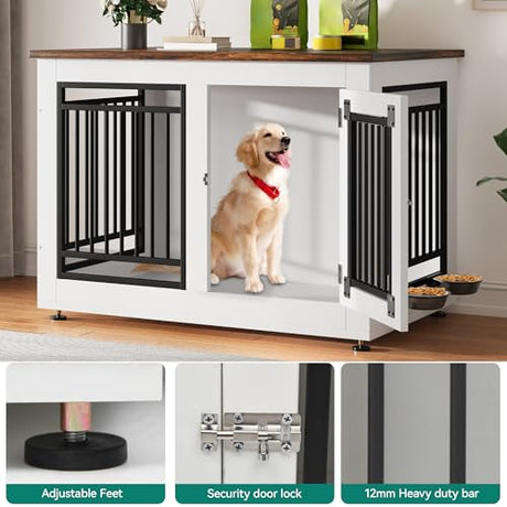 YITAHOME 39" Dog Crate Furniture, Wooden Side End Table with Adjustable Feet and Removable Bowls, Dog Kennel Indoor for Medium Large Dogs YITAHOME