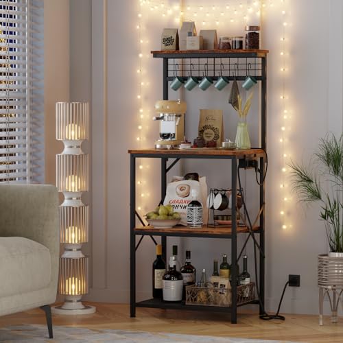 Furologee Rustic Brown Kitchen Bakers Rack with Power Outlet and 4 Tiers of Storage Furologee