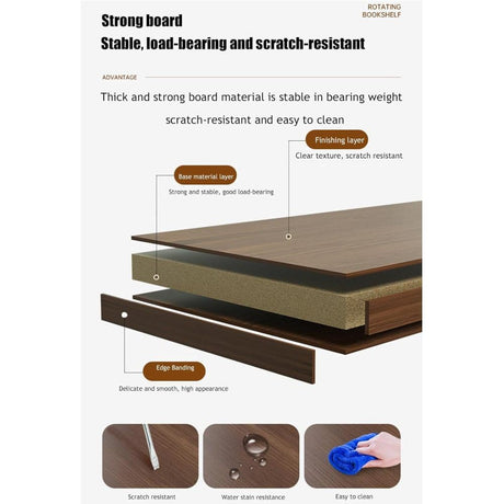 Angel Sar Modern 6 Tier Rotating Bookshelf with Drawer & Wheels, 360° Spinning Corner Bookcase for Small Spaces, Tall Storage Shelf for Bedroom, Living Room, or Office, Walnut Angel Sar