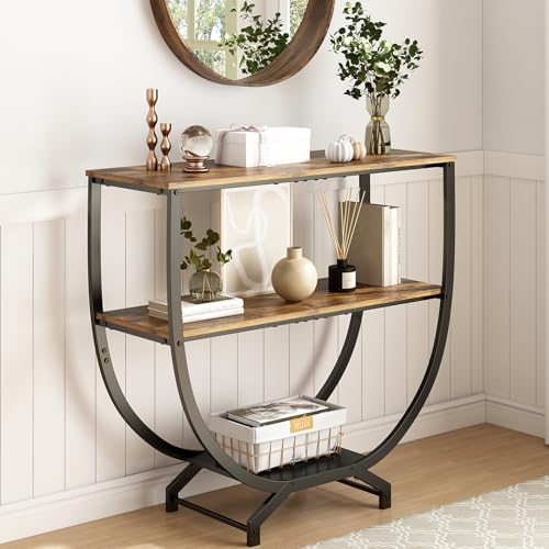 GILLAS 3 Tier Console Tables, 30" Height Entryway Table, Sofa Table Behind Couch, Industrial Entryway Furniture TV Stand with Storage for Living Room, Easy No-Extra-Tools Assembly, Rustic Brown GILLAS
