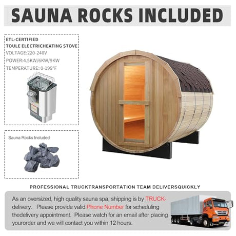 TaTalife Outdoor Barrel Steam Sauna, 3-4 Person Canadian Red ceda Wood Sauna Room, 4.5KW TOULE Electric Heater with Sauna Stone, Accessories and Asphalt Shingle Roof TaTalife