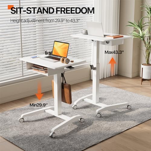 JOY Worker Mobile Standing Desk With Storage Drawer, Pneumatic Height Adjustable Laptop Workstation, White Rolling With Wheels for Home Office Classroom JOY worker