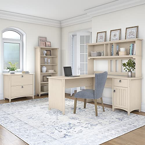 Bush Furniture Salinas 60W Antique White L Shaped Desk Set with Hutch, File Cabinet & Bookcase - WoodArtSupply