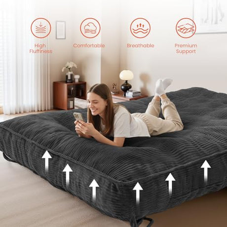 8" Futon Mattress Full Size, Futons Sofa Bed Sleeper Couch Bed, Roll Up Mattress with Shredded Foam & 2 Straps for Storage, Futon Floor Mattress for Living Room, Corduroy (Frame Not Included) Erament
