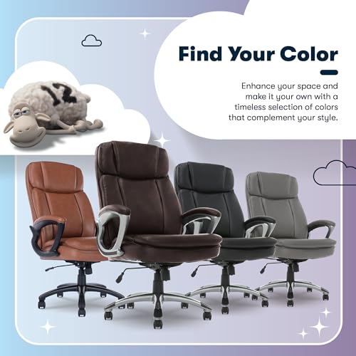 Serta Fairbanks Big & Tall Executive Office Chair, Ergonomic Comfy High-Back ComputerChairs with Lumbar Support, Semi-Plush Seat Cushion, Padded Armrests, Nylon Swivel Base, Bonded Leather, Brown Serta