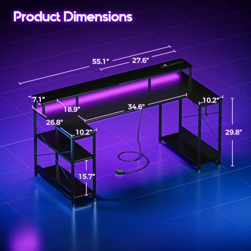 ODK 55 Inch Gaming Desk with LED Lights and Power Outlet, U-Shaped Computer Desk with Monitor Stand and Storage Shelves, PC Gamer Table for Home Office, Carbon Fiber Black ODK