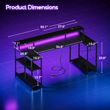 ODK 55 Inch Gaming Desk with LED Lights and Power Outlet, U-Shaped Computer Desk with Monitor Stand and Storage Shelves, PC Gamer Table for Home Office, Carbon Fiber Black ODK