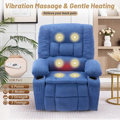 Oversized Swivel Rocker Recliner Chair with Massage & Heat,Nursery Rocking Chairs for Living Room,Ergonomic Relining Chair with Cup Holders,USB Charge Port,Side Pockets,Recliner Chair for Adults,Blue