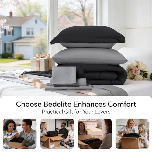 BEDELITE King Size Comforter Set 7 Pieces Bed in A Bag - Soft Microfiber Reversible Black Bed Set with Comforters, Sheets, Pillowcases & Shams, Cozy Luxury Bedding Sets for All Season BEDELITE