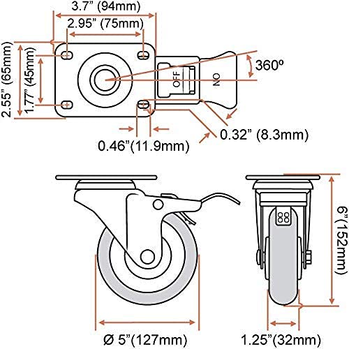 8 Pack 5 Inch Combo Caster Swivel Plate 4 w/Brake & 4 Plate Heavy Duty on Red PU Wheels with Heavy Duty Screws FactorDuty