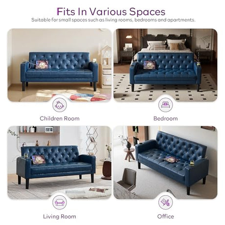 TYBOATLE 62" W Leather Loveseat w/ 2 USB and 2 Cupholders, Mid-Century Modern Tufted Small Love Seat Couches for Office, Living Room, Bedroom, Dorm (1, Blue) TYBOATLE