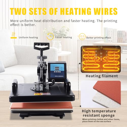 SHUOHAO Upgraded 15 in 1 Heat Press Machine for T-Shirts,Hats,Mugs,Pens &More 12x15 Inch Heat Press 360-Degree Rotation Swing Away Sublimation Machine Dual-Tube Tshirt Press Machine Digital Control SHUOHAO