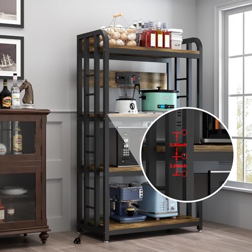 SIREDEEP Rustic Brown 4-Tier Bakers Rack with Power Outlet – Versatile Kitchen Storage and Microwave Stand - WoodArtSupply