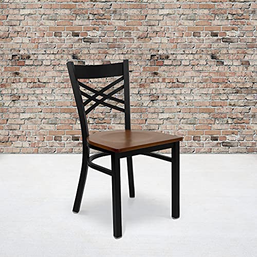 Flash Furniture HERCULES Series Black ''X'' Back Metal Restaurant Chair - Cherry Wood Seat - WoodArtSupply