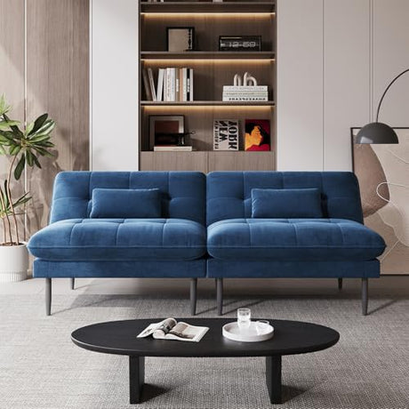NEDYO 70 inch Convertible Futon Sofa Bed, Velvet Sleeper Sofa with Adjustable Backrest, Thick Fill and Convertible Modules, 4 in 1 Loveseat Couch for Living Room, Blue NEDYO