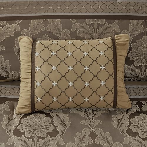 Madison Park Bellagio Cozy Comforter Set - Luxurious Jaquard Traditional Damask Design, All Season Down Alternative Bedding with Matching Shams, Decorative Pillow, Queen(90"x90"), Brown/Gold 7 Piece Madison Park