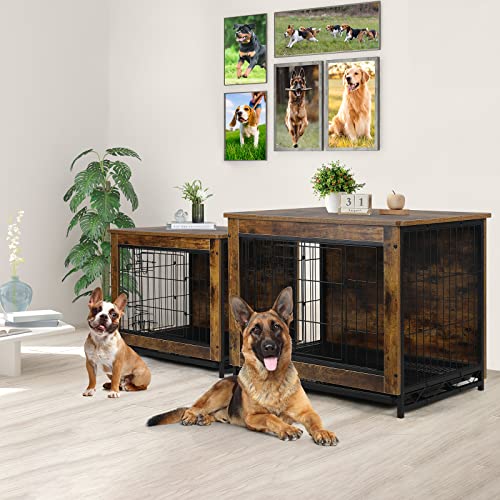 TLSUNNY Dog Crate Furniture, 38.6" Wooden Side End Table, Modern Dog Kennel with Double Doors, Heavy-Duty Dog Cage with Pull-Out Removable Tray,