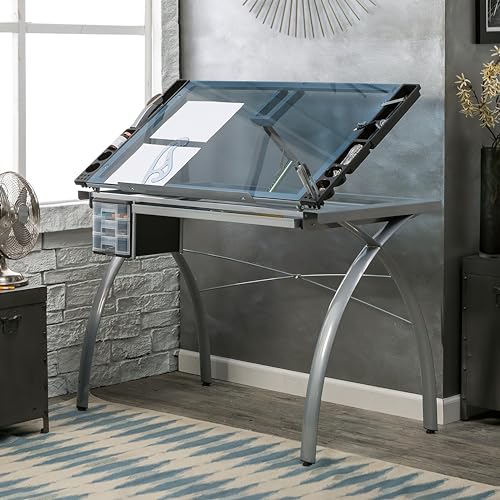 SD STUDIO DESIGNS Futura Crafting, Drafting, Drawing Adjustable Top Hobby Table Writing Studio Art Desk with Drawers, 38''W x 24''D, Tempered, Silver/Blue Glass SD STUDIO DESIGNS