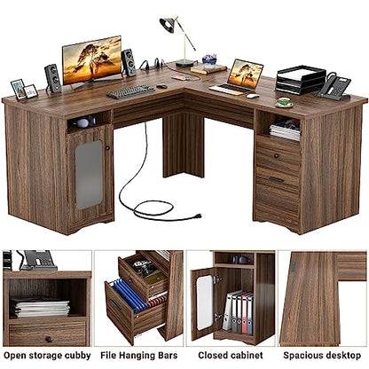 Unikito L Shaped Desk with File Cabinet, 60 Inch Large Office Desk with Power Outlets and USB Charging Ports, L Shape Computer Desk with Drawer, 2 Person Corner Executive Desk with Storage, R - WoodArtSupply