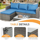 Shintenchi Outdoor Patio Furniture Sets, Small Outdoor Sofa Patio Sectional Sets 3-Piece All Weather Wicker Rattan Patio Seating Sofas with Glass Coffee Table and Cushion (Blue) Shintenchi