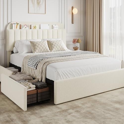 GarveeHome Full Bed Frame with Storage Headboard, Kids Bed Frame with 2 Drawers, Boucle Upholstered Platform Bed with Bookcase, No Box Spring Needed, Easy Assembly, Beige White GarveeHome