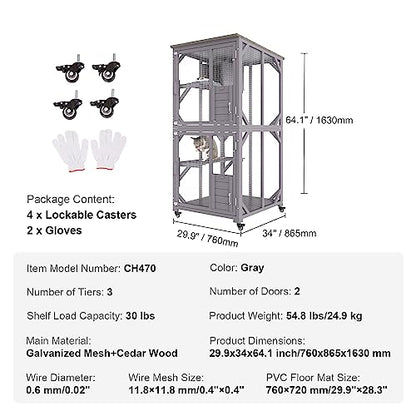 VEVOR 3-Tier Cat Playpen Catio with Wheels, Resting Box, Waterproof Roof, Windows & Doors, Removable Tray