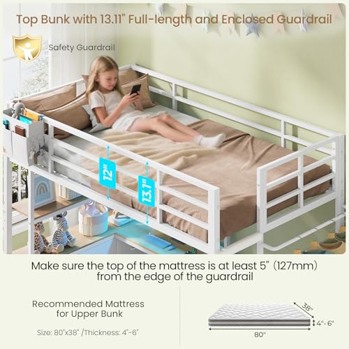 DICTAC Bunk Bed with L-Shaped Desk,5 Storage Drawers and 2 Shelves Metal Twin XL Over Twin Bunk Bed with LED Lights and Charging Station,bunk Beds with Safety Guardrail & Ladder,Space-Saving,White DICTAC
