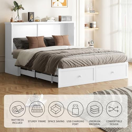 CECER Queen Size Murphy Bed with Storage & Charging Station,Multi-Functional Murphy Cabinet Bed with Mattress Included for Bedroom/Guest Room/Small Space,Easy Assembly -White CECER