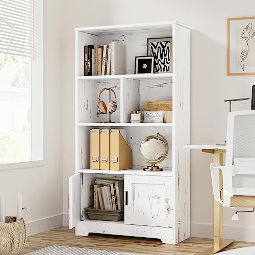 IDEALHOUSE Wood Bookcase with Doors White Bookshelf with LED Lights Modern Storage Rack 3 Shelf Standing Bookshelves Large Display Shelf Unique Book - WoodArtSupply