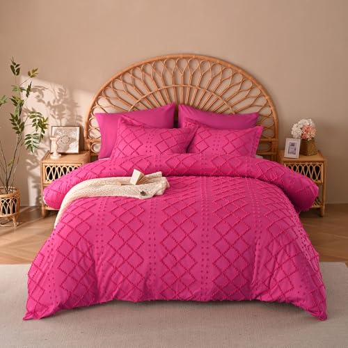 Manyshofu 5Pcs Boho Full Duvet Cover Set - Tufted Hot Pink Duvet Cover Pattern, Shabby Chic Boho Bedding Set Textured Comforter Covers with Embroidery Pillow Shams Manyshofu