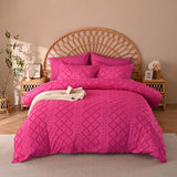 Manyshofu 5Pcs Boho Full Duvet Cover Set - Tufted Hot Pink Duvet Cover Pattern, Shabby Chic Boho Bedding Set Textured Comforter Covers with Embroidery Pillow Shams Manyshofu