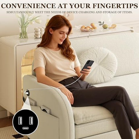LuxyHoom 65.4'' Pull Out Couch Bed Queen Size, Chenille Sleeper Sofa Daybed, 3 in 1 Convertible Couches, Futon Sofa with 2 Pillows, Storage Pockets, USB, Loveseat for Small Spaces, Living Room, Beige LuxyHoom