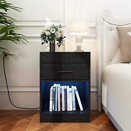 Auromie Nightstand with Charging Station and LED Lights, Concealment Furniture with RFID Lock Cabinet and Power Outlets, Bedside Table with Hidden Compartment for Valuables Storage, Black Auromie