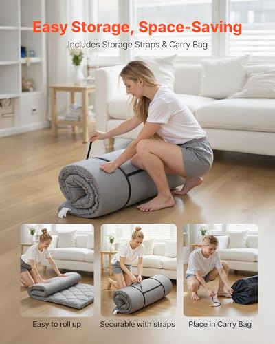 VEVOR 9-Layer Japanese Futon Mattress, 3.5" Thick Twin Tatami Mat, Foldable Roll Up Mattress for Sleeping with Storage Bag, Portable Floor Mattress for Camping Dormitory Yoga, Gray VEVOR
