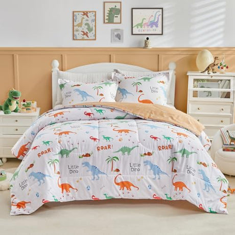 Joyreap Cotton Comforter Set Twin, Colorful Dinosaurs Orange n White Design, 3pcs Kids Bedding Set for All Season- 68x88 inches Joyreap