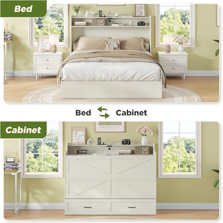 Maupvit Queen Size Murphy Bed, Foldable Bed with Charging Station and Storage Drawer, Farmhouse Platform Bed Cabinet for Guest Room, Living Room, Office, Small Spaces, Space Saving, Vintage White Maupvit