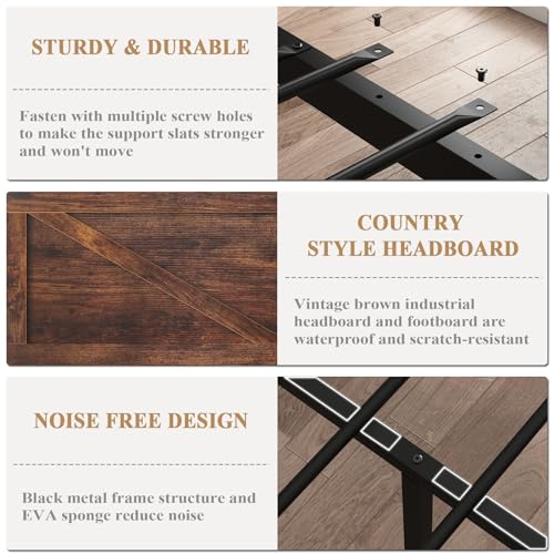 DOGIBIXO Led Bed Frame Queen Size with USB Charging Station, Industrial Platform Bed Frame with Farmhouse Barn Door Headboard, Strong Metal Slats Support, Noise Free, No Box Spring Needed, Brown DOGIBIXO