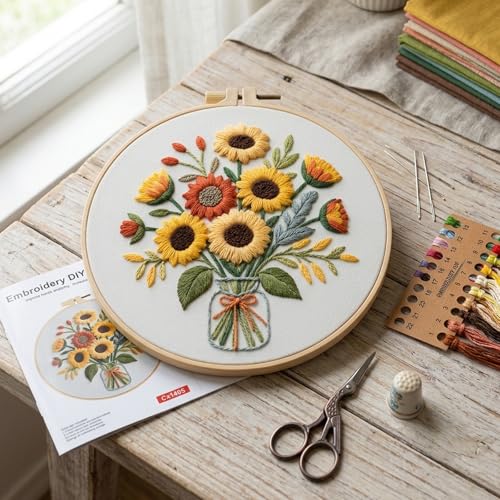 MIJIJHH Embroidery Kits, Embroidery Kits for Beginners, Cross Stitch Kit for Beginners, Sunflower Bouquet Vase Embroidery Kit with Complete Supplies, for Home Decor and Gift Giving