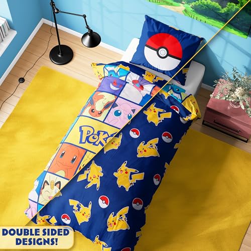 Get Trend Pokemon Single Duvet Cover Set with Pillowcase for Boys, 53"x79", Reversible Pikachu Design, Soft Boys Bedding, Gifts for Kids (Multi Pokemon) Get Trend