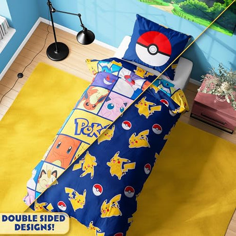 Get Trend Pokemon Single Duvet Cover Set with Pillowcase for Boys, 53"x79", Reversible Pikachu Design, Soft Boys Bedding, Gifts for Kids (Multi Pokemon) Get Trend